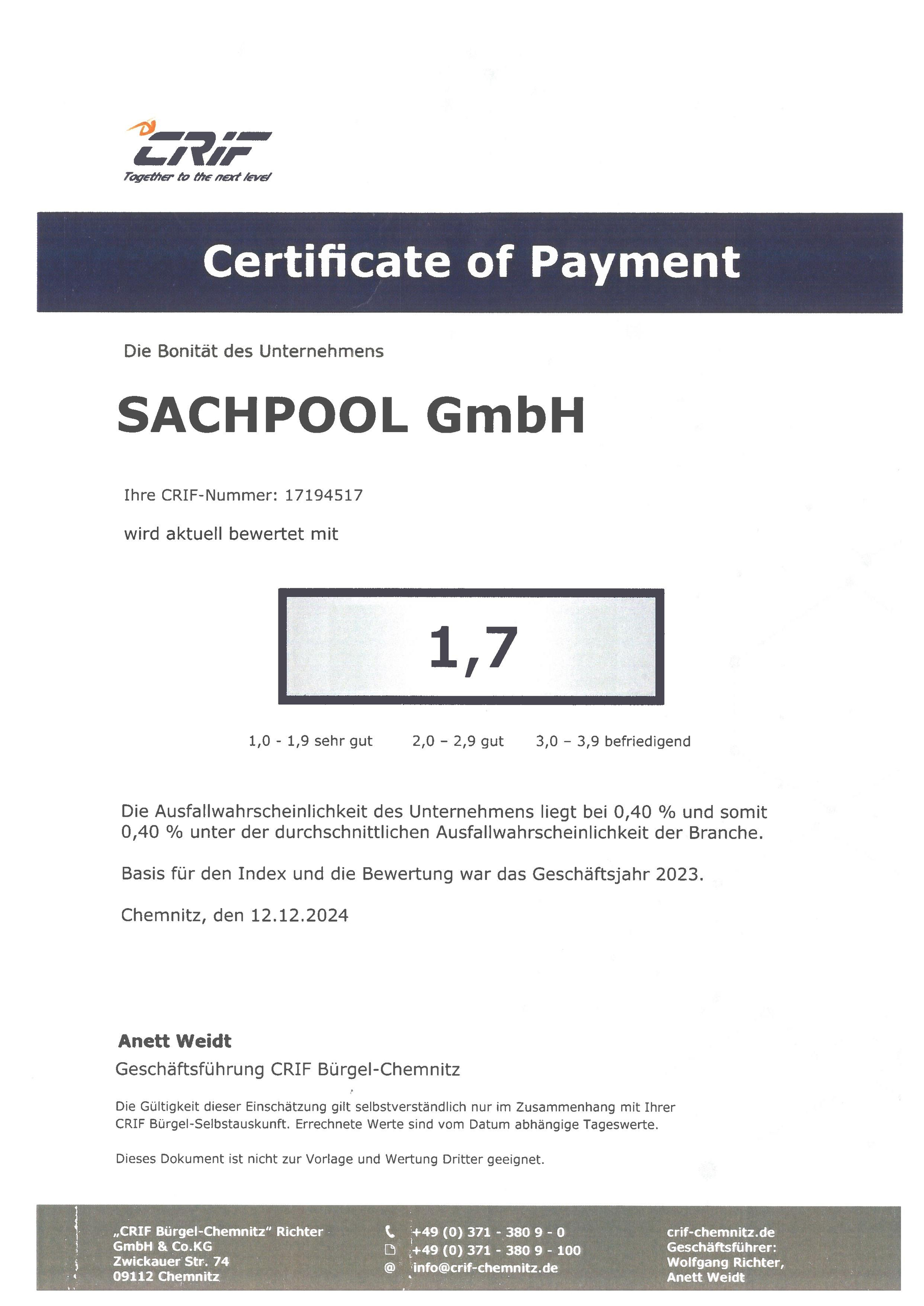 Certificate of Payment - Die Bonität des Unternehmens